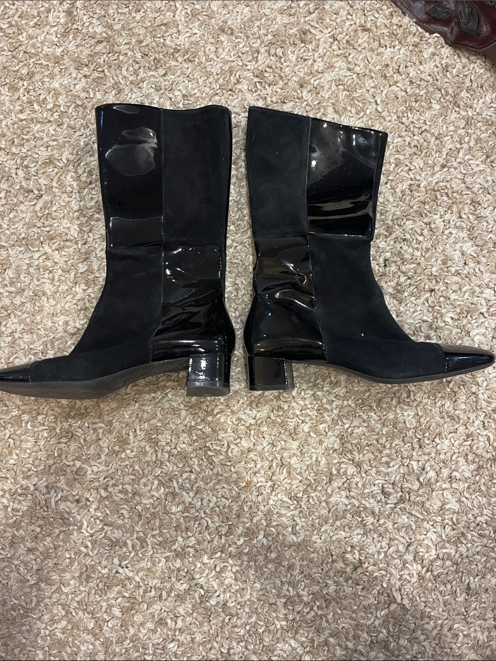 Franco Sarto Black Suede and Patent Block Heel Mid-Calf Boots